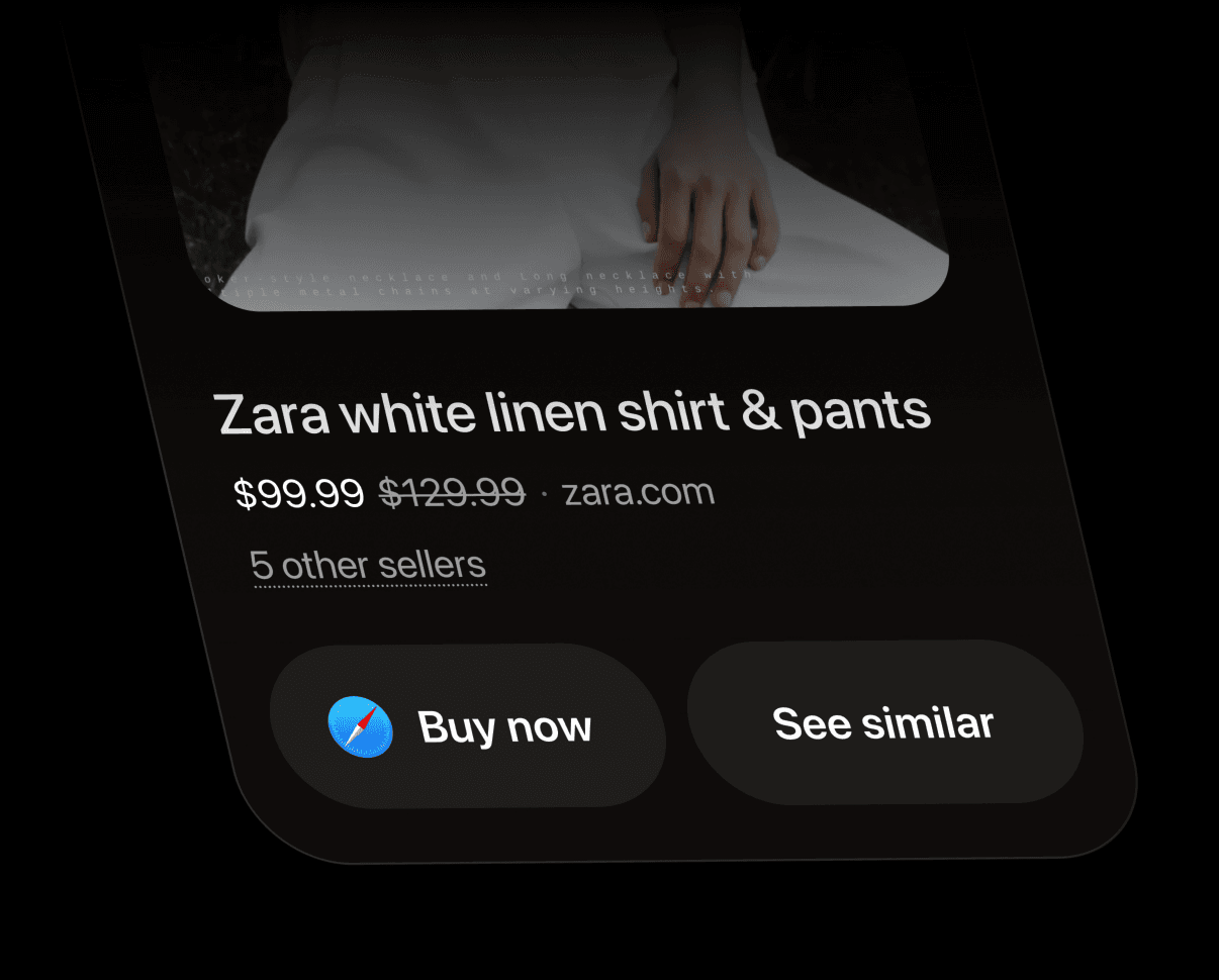 A Zara white linen shirt and pants card with today's price, 5 other sellers, and Buy now and See similar buttons