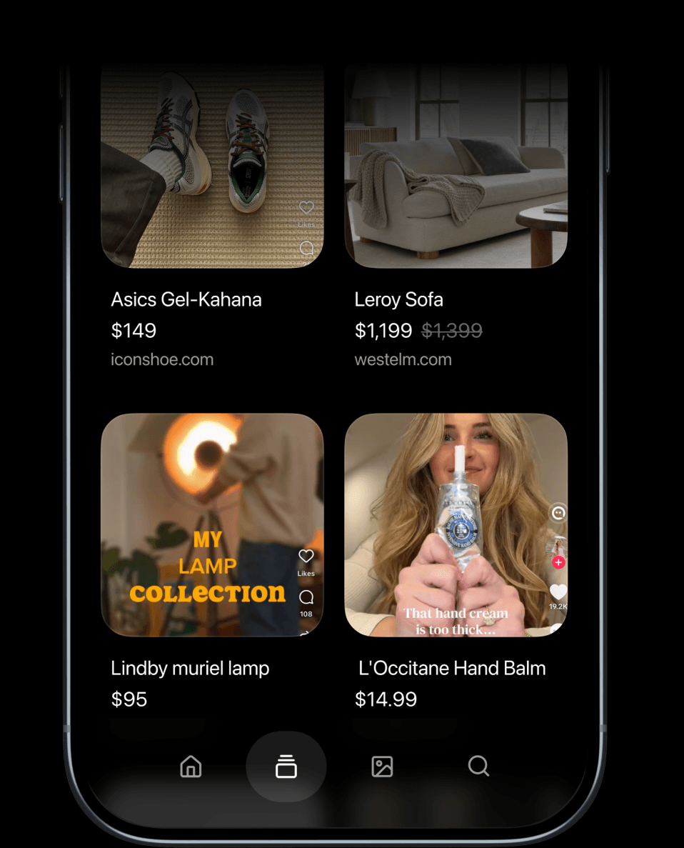 Captr on iPhone showing saved products with their prices and the stores that sell them