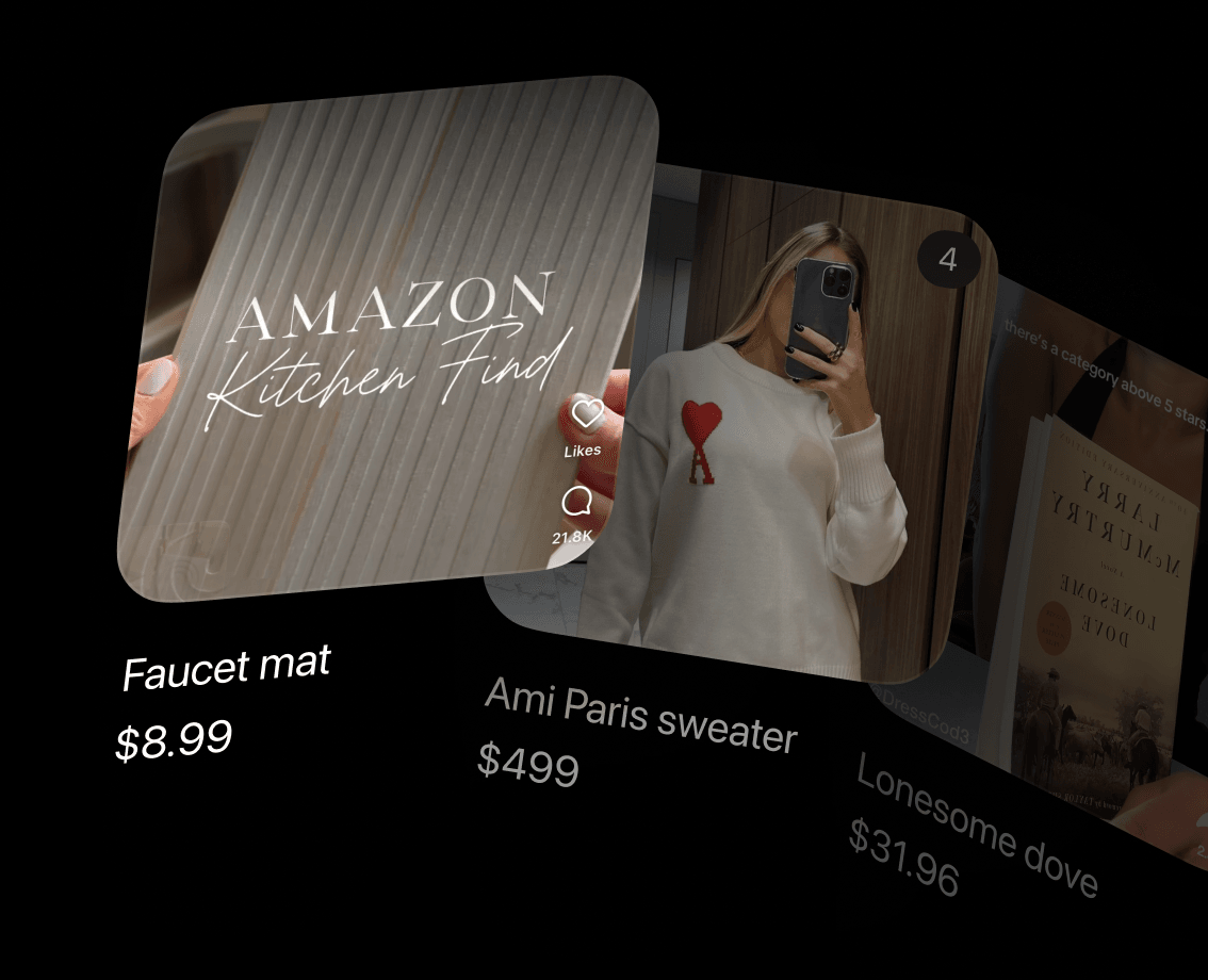 Screenshots of a faucet mat, an Ami Paris sweater and a dress turned into product cards with prices