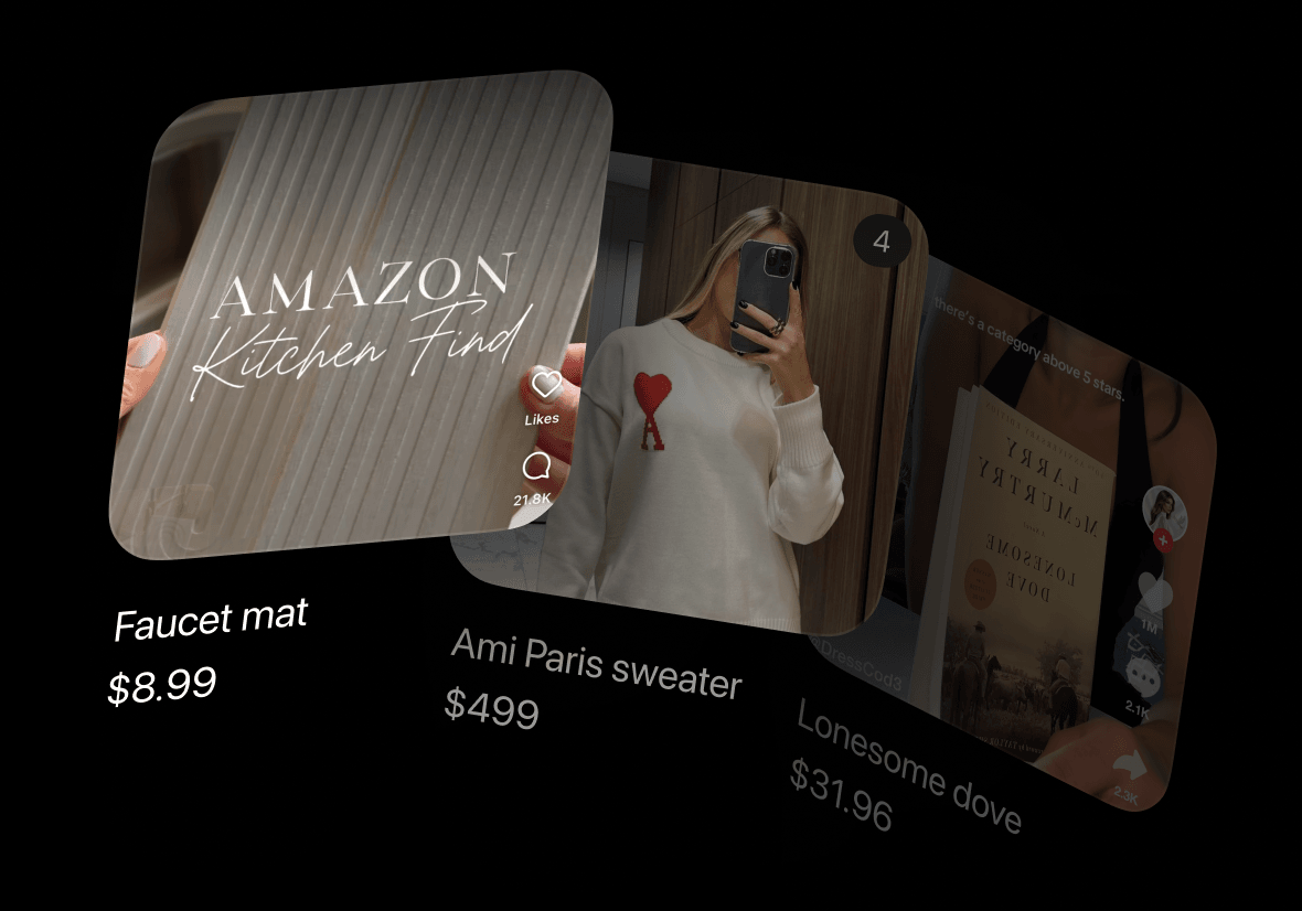 Screenshots of a faucet mat, an Ami Paris sweater and a dress turned into product cards with prices