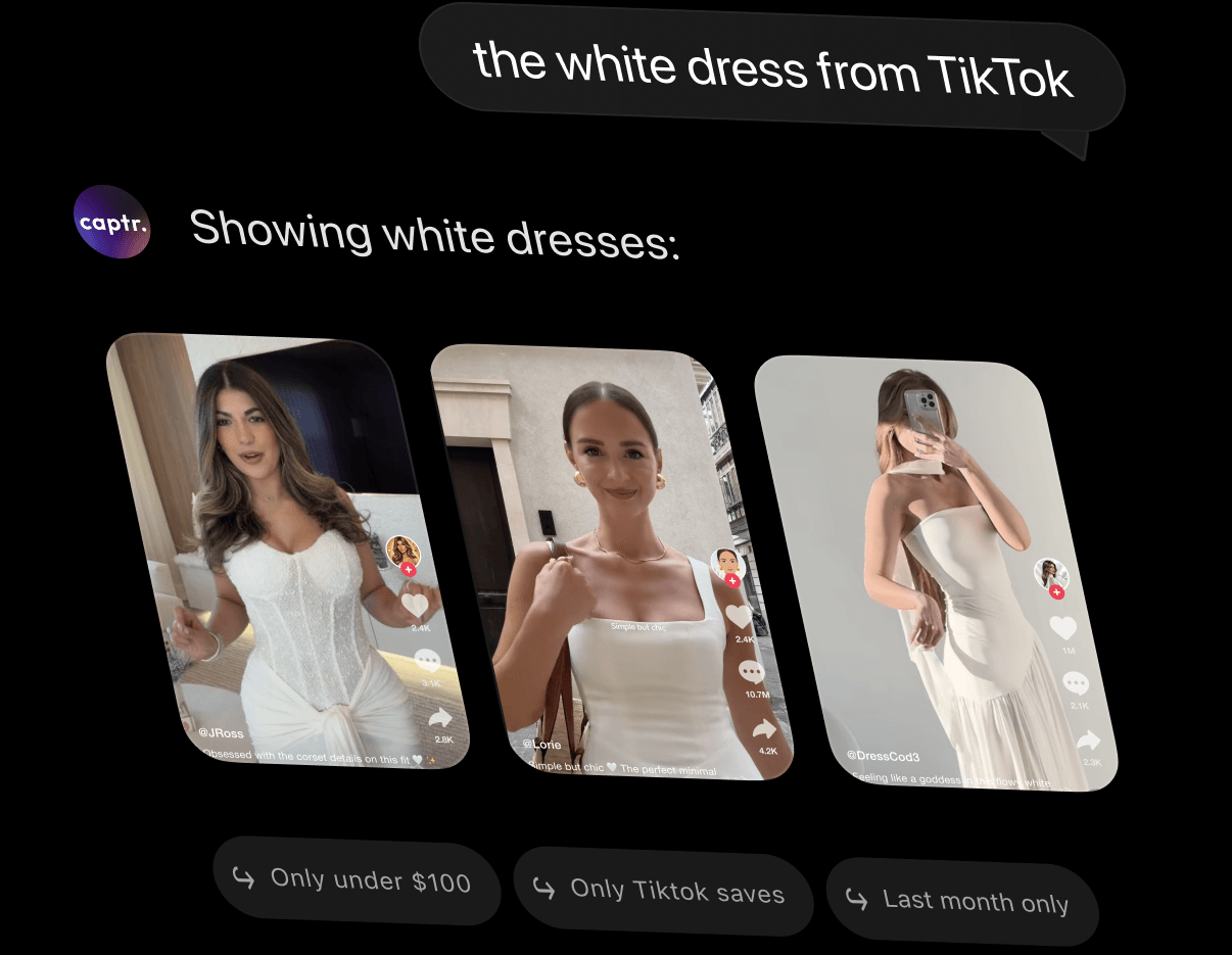 A search for "the white dress from TikTok" showing matching saved white dresses and filter chips