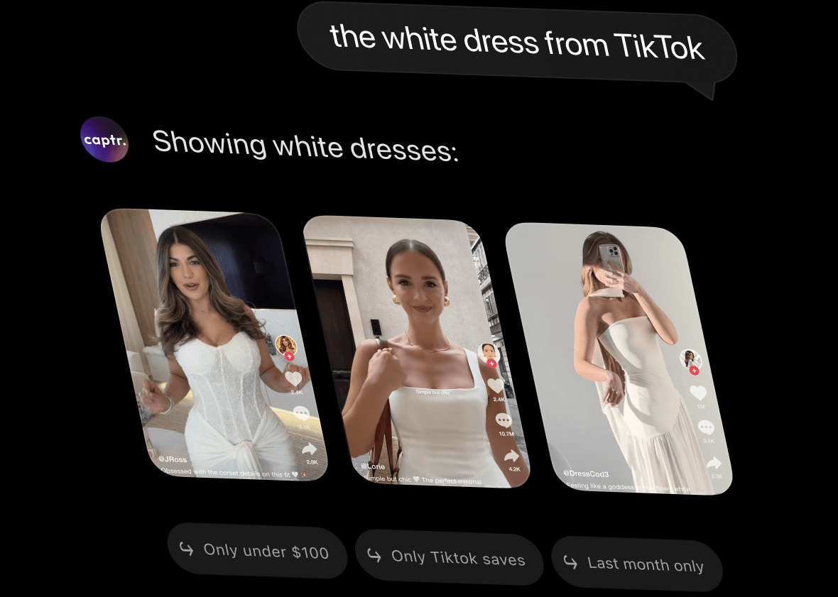 A search for "the white dress from TikTok" showing matching saved white dresses and filter chips