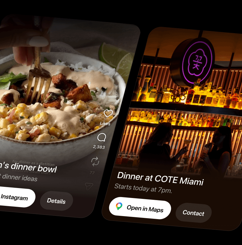 A daily feed of cards suggesting a dinner reservation, a recipe and a workout drawn from saved screenshots