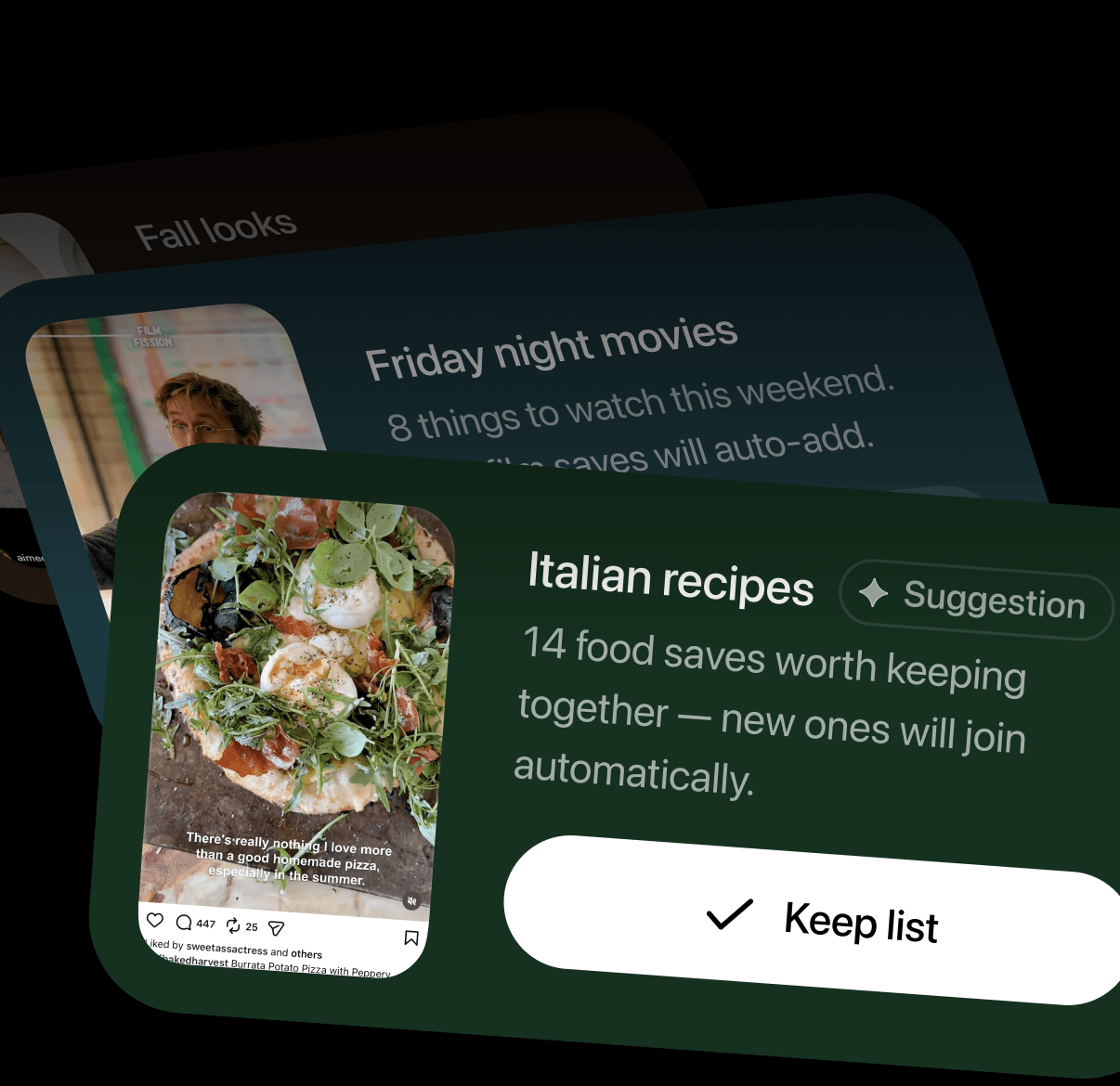 Captr grouping screenshots into Lists such as Fall looks, Friday night movies and Italian recipes