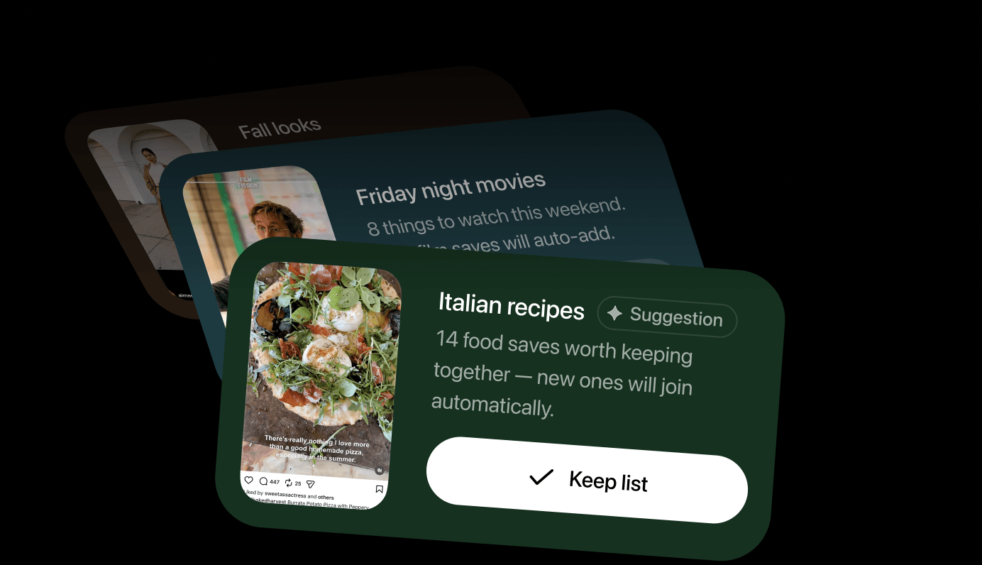 Captr grouping screenshots into Lists such as Fall looks, Friday night movies and Italian recipes
