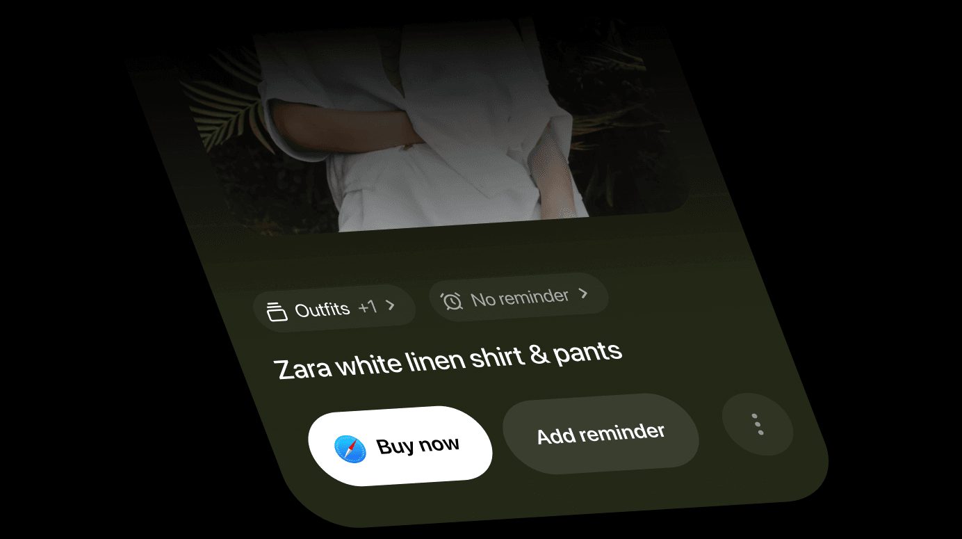 A saved outfit screenshot with Buy now and Add reminder actions